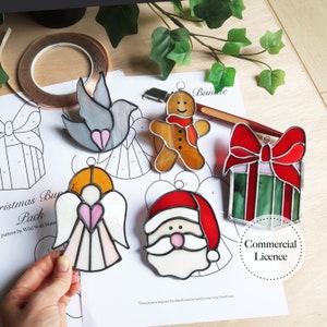 Christmas Bundle Stained Glass Patterns, Stained Glass Pattern, Digital Download, Santa Pattern, Beginner Stained Glass Patterns