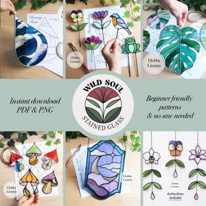 May include: Stained glass art pieces featuring a crescent moon, flowers, a bird, a frog, and leaf designs. The image includes the text "Instant download PDF & PNG" and "Beginner friendly patterns & no saw needed."