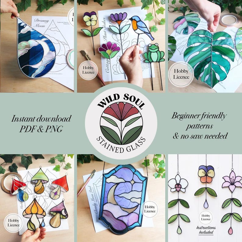 May include: Stained glass art pieces featuring a crescent moon, flowers, a bird, a frog, and leaf designs. The image includes the text "Instant download PDF & PNG" and "Beginner friendly patterns & no saw needed."