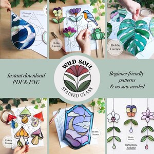 May include: A collection of stained glass patterns and finished pieces. The image features various designs, including a moon, flowers, a bird, a frog, and leaves. The text includes "Instant download PDF & PNG" and "Beginner friendly patterns & no saw needed."