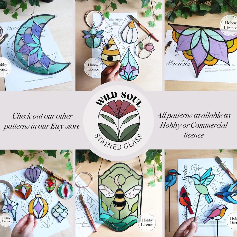 May include: A selection of stained glass designs, featuring a moon, bee, and floral patterns. The pieces are in multiple colours and shapes, with the text "Wild Soul Stained Glass" and "All patterns available as Hobby or Commercial licence".