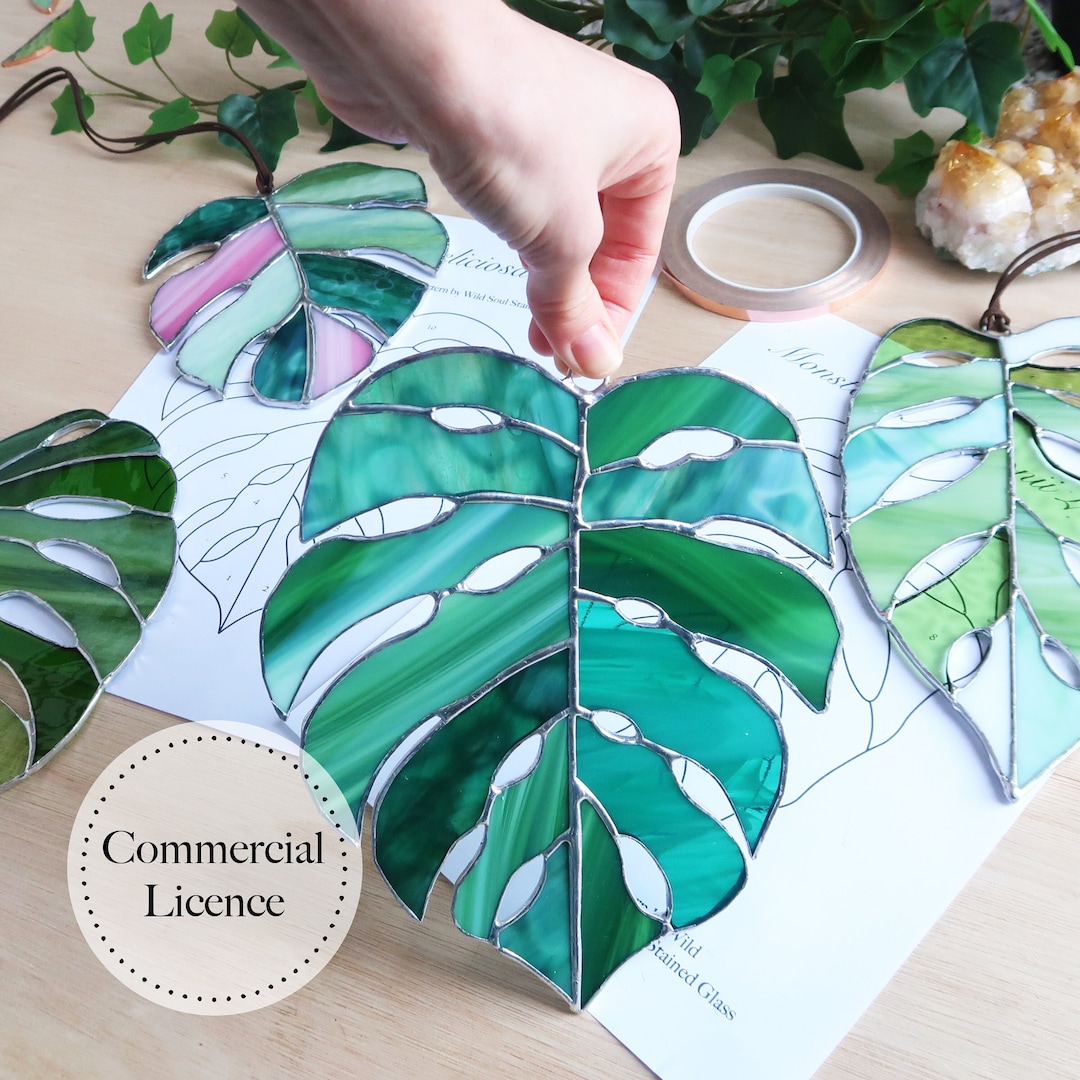 MULTIPACK X5 Monstera Leaf Stained Glass Pattern, Stained Glass Patterns, Digital Download, DIY
