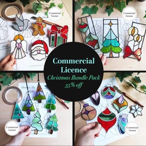 May include: A collection of stained glass Christmas ornaments and designs, including a dove, gingerbread man, Santa, gift, Christmas trees, and baubles. The image includes the text "Commercial Licence Christmas Bundle Pack 35% off."