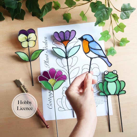 Stained Glass Plant Stakes Pattern, Beginner Stained Glass Bundle, Bird Pattern, Flower Pattern, PDF & PNG Digital Download