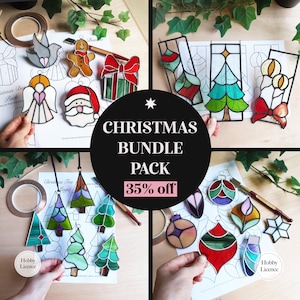 May include: A Christmas Bundle Pack featuring various stained glass ornaments. The ornaments include a Santa, angel, gingerbread man, gift, Christmas trees, and other festive shapes. The image also includes the text "CHRISTMAS BUNDLE PACK 35% off".