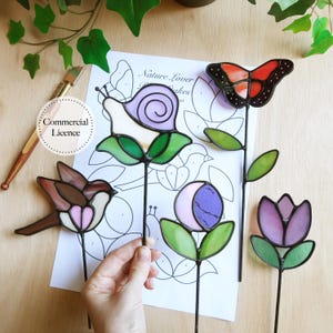 Nature Stained Glass Plant Stake Patterns, Beginner Stained Glass Bundle, Bird Pattern, Flower Pattern, PDF & PNG Digital Download