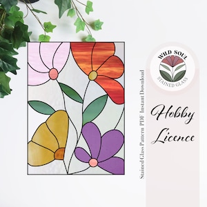 May include: A stained glass pattern featuring four colorful flowers with green stems and leaves. The pattern is titled "Stained Glass Pattern PDF Instant Download" and includes the text "Wild Soul Stained Glass Hobby Licence".
