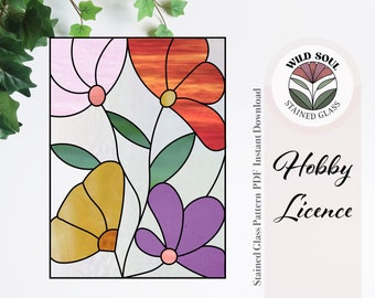 May include: A stained glass pattern featuring four colourful flowers with green stems and leaves. The pattern is titled "Stained Glass Pattern PDF Instant Download" and includes the text "Wild Soul Stained Glass Hobby Licence".