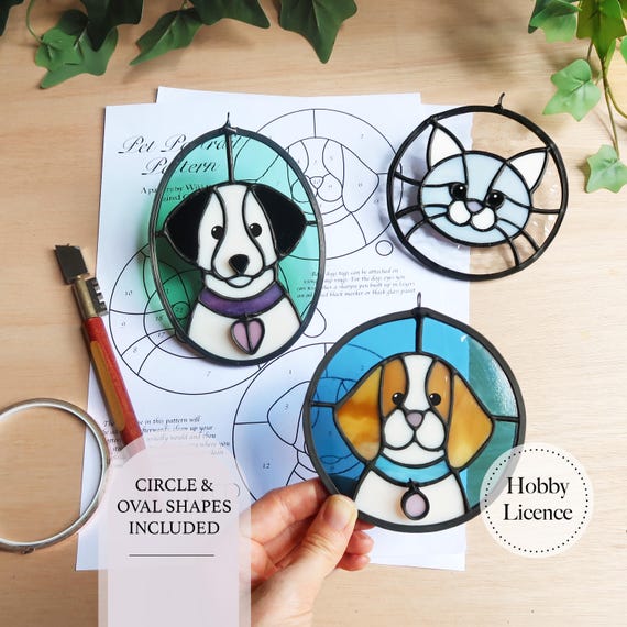 Dog and Cat Stained Glass Pattern, Beginner Stained Glass Patterns, PDF and PNG Digital Download