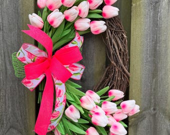 Pink Tulip Grapevine Wreath