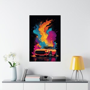 Vintage Datsun 240z Art Print - Orange Classic Car on Psychedelic Splash Background - Retro Automotive Wall Decor