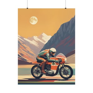 Vintage Cafe Racer Poster - Moonlit Morning Mountain Ride - Retro Motorcycle Wall Art - Vintage Illustration Style,  Matte Vertical Posters