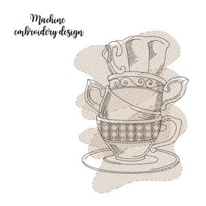May include: A black and white line drawing of a teacup and teapot with a decorative design. The image is labeled "Machine embroidery design".