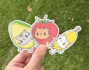 Cute Fruit Cat Stickers Pack | Kawaii Waterproof Vinyl Cat Stickers | Avocado Strawberry Banana Cats