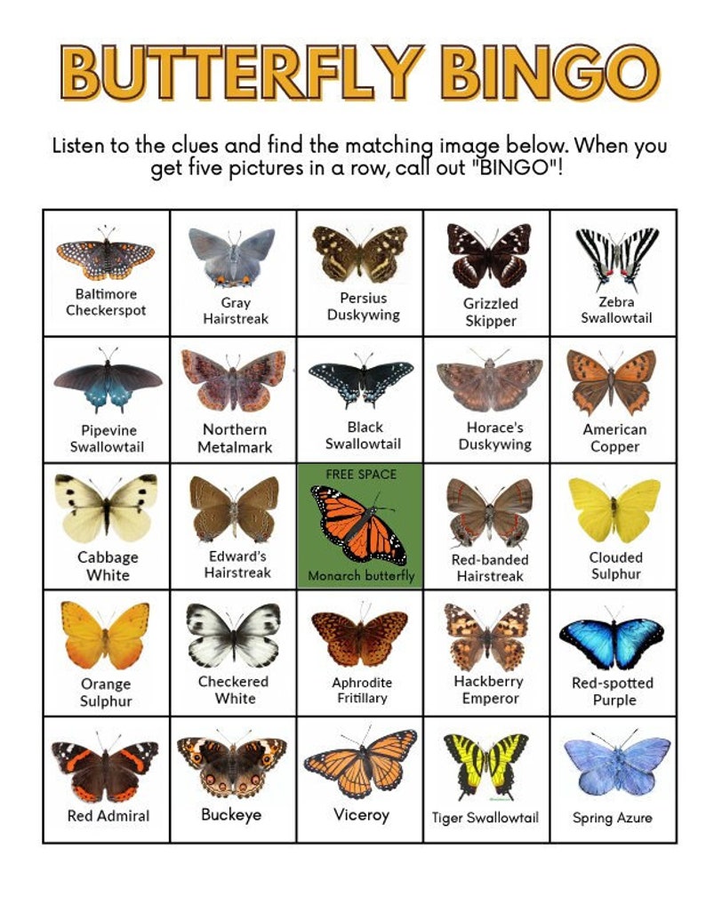 Butterfly Bingo Printable Game Instant Download With 25 Unique Playing