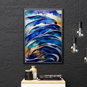 Modern Abstract Blue Ocean Waves Printable Wall Art - Digital Download