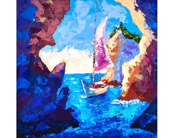 Capri Island Oil Painting Italy Original Art Seascape Impasto Oil Painting Sailboat Artwork Travel Personalized Gifts by ArtSenya