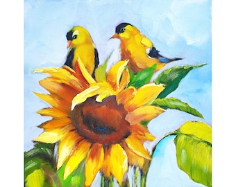 Goldfinch Painting On Canvas Sunflowers Original Art Flowers Oil Painting Bird Artwork Floral Wall Art Decor Home Gifts for Her by ArtSenya