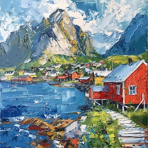 Lofoten Islands Painting Norwegian Houses Original Fine Art Norway Landscape Impasto Artwork Home Decor Travel Art Gifts by ArtSenya