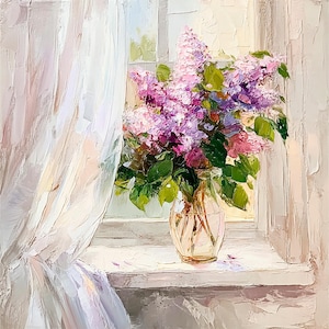 Lilac Bouquet Painting Impasto Oil Art Flower Vase Window Scene Textured Floral Artwork Romantic Spring Wall Decor by ArtSenya