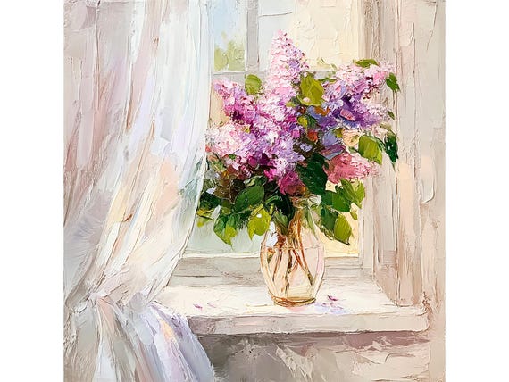 Lilac Bouquet Oil Painting Impasto Floral Art, Window Scene Spring Gift by ArtSenya