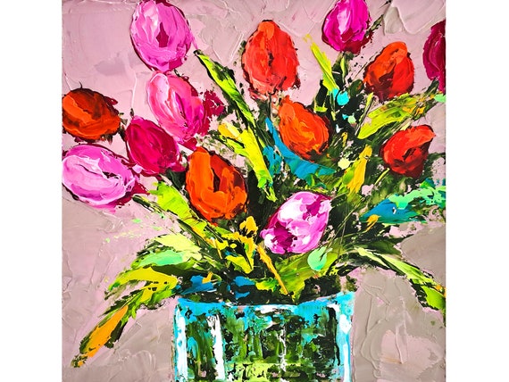 Tulip Painting Floral Original Art Flowers Oil Painting Tulips Impasto Wall Art by ArtSenya