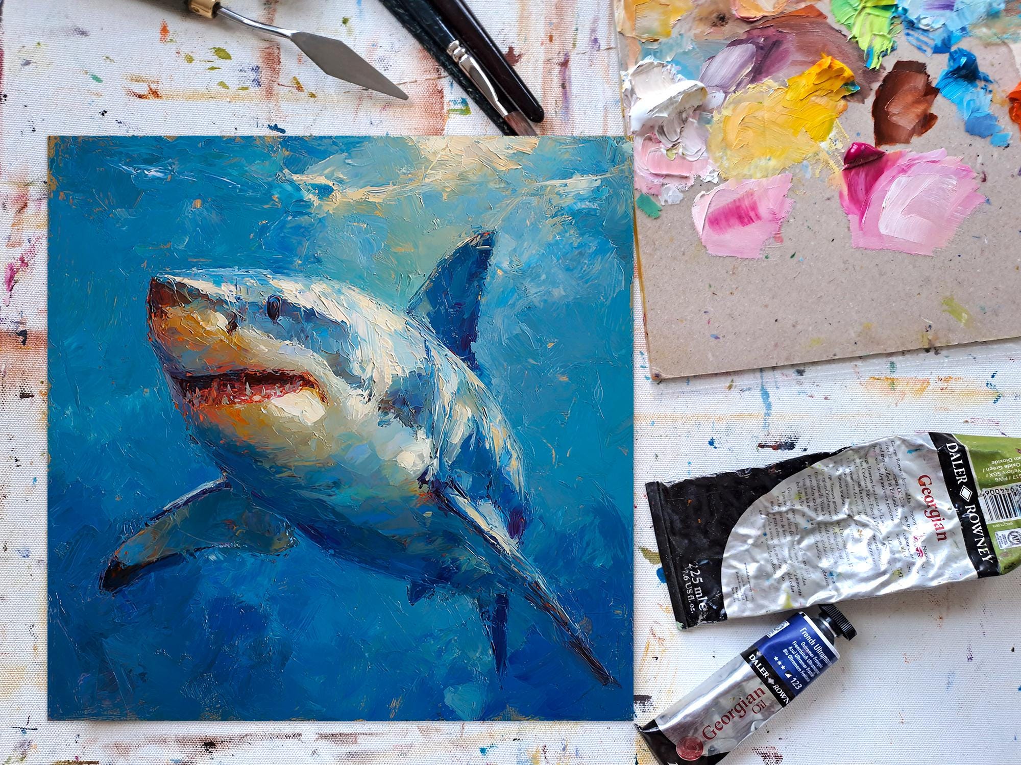 サメの大きな油絵 海洋壁アート ホホジロザメ キャンバス 海洋生物