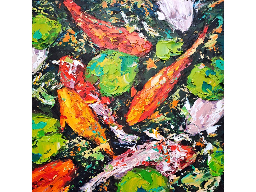 Koi Fish Painting Goldfish Original Artwork Pond Impasto Oil Artwork ...