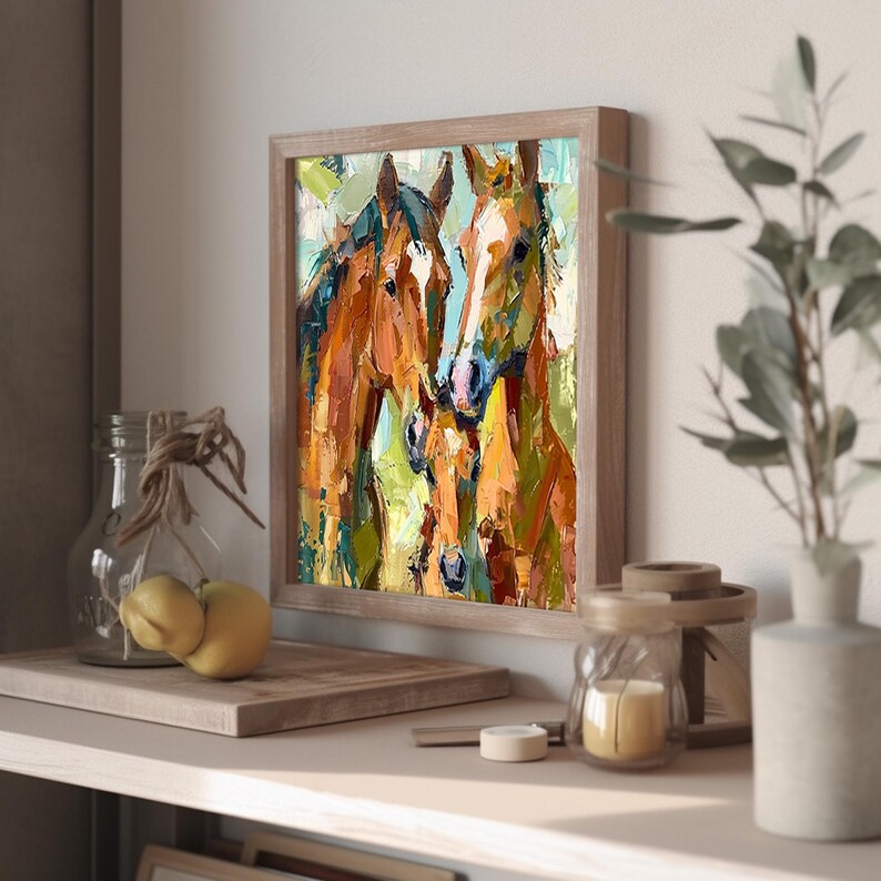 Horse Family Canvas Original Painting Farm Animals Impasto Art Rustic