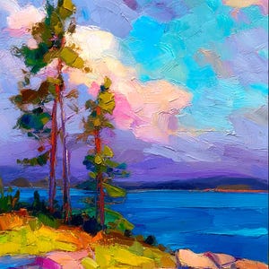 May include: An impressionistic landscape painting depicts a vibrant scene of a lake and trees. The artwork features a bright blue sky with fluffy clouds, a deep blue lake, and colorful foliage. The trees have reddish-brown trunks.