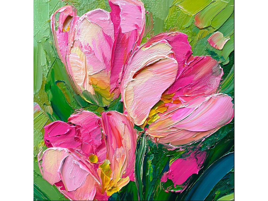 Pink Tulip Painting Floral Impasto Art Textured Flower Wall Decor Bold ...