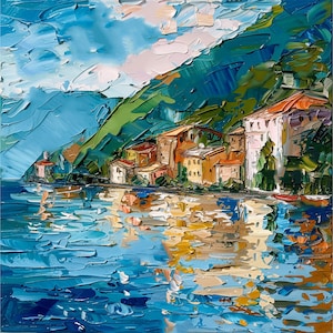 Lake Como Painting Italian Landscape Original Art Italy Cityscape Impasto Artwork Travel Gifts by ArtSenya