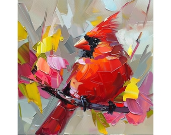 Red Cardinal Bird Oil Painting Animal Original Fine Art Nursery Decor Wall Art Gifts by ArtSenya
