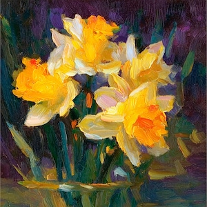 Yellow Daffodils Large Painting Floral Still Life Oil Painting Spring Flower Wall Art Textured Brushstrokes Botanical Artwork by ArtSenya