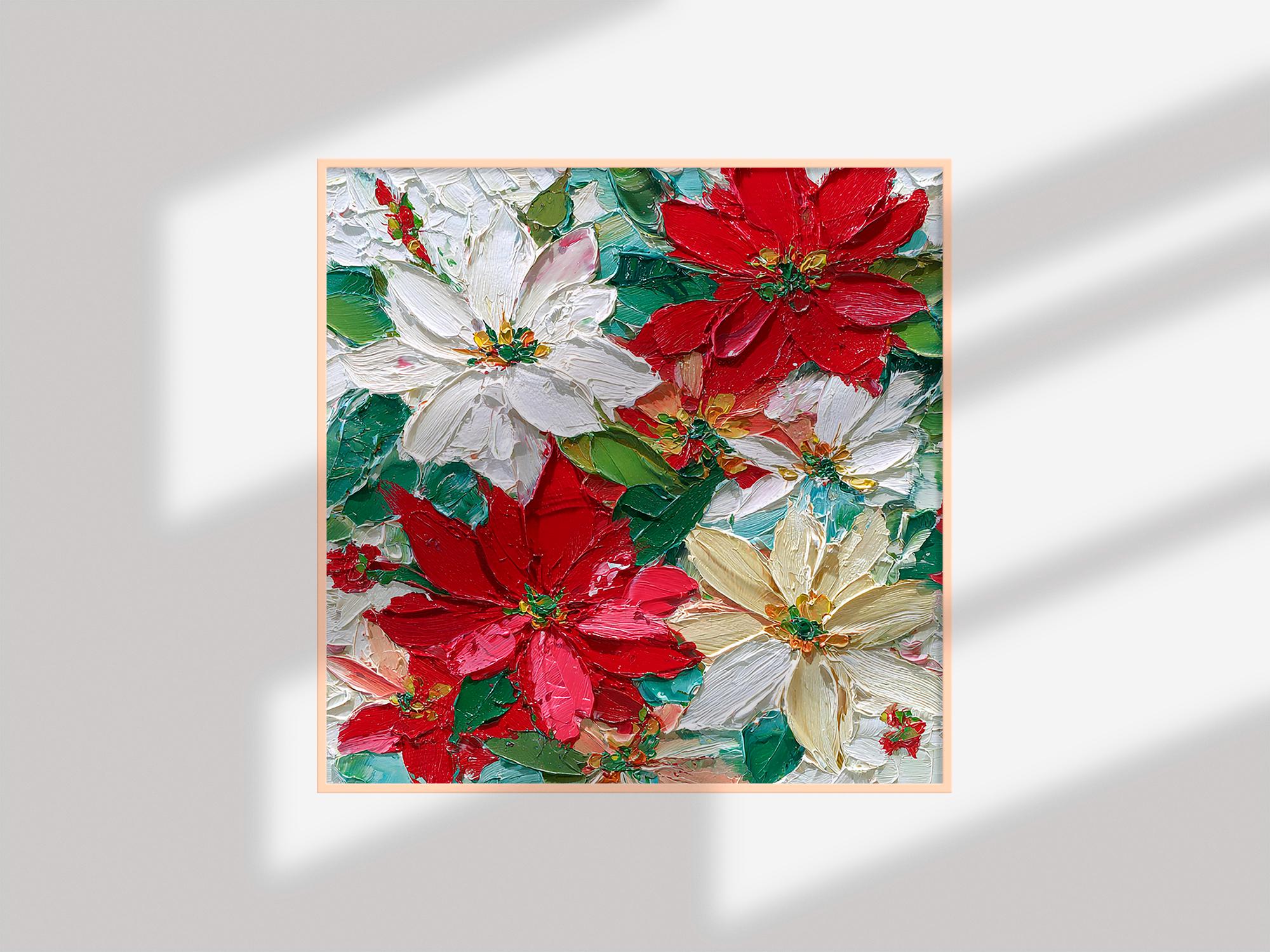 ポインセチアの絵画：クリスマスの花のオリジナル油絵、赤と白の花の