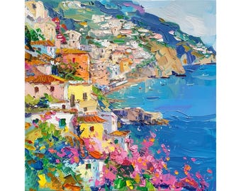Positano Amalfi Coast Oil Painting: Italian Seascape Canvas Art