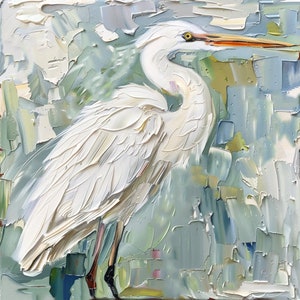 Garza blanca Pintura original Animales Arte original Pájaros Impasto Obras de arte al óleo Regalos de ArtSenya