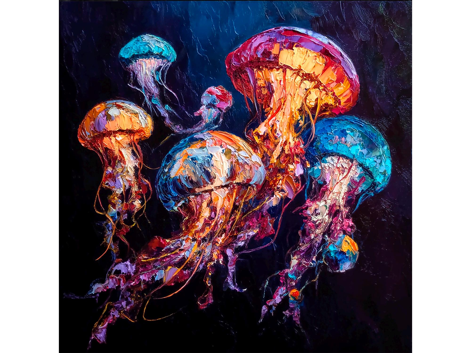 クラゲの絵画：油彩画による海のアート、カラフルな海の生き物