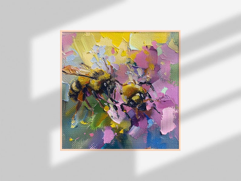 Honeybee Canvas Original Painting Lilac Flowers Brushstroke Painting on