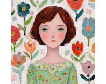 Naïef meisje portret canvas olieverfschilderij volkskunst geïnspireerd canvas charmante bloemen muur kunst kinderkamer decor door ArtSenya