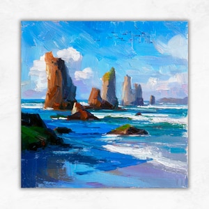 Oregon Coast Oil Painting: Seascape Canvas Art, Beach Cliff Landscape