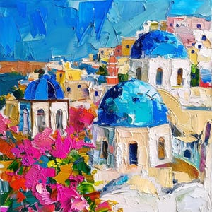 Santorini Cityscape Canvas Original Art Greece City Impasto Wall Art Decor Travel Wall Art Gifts by ArtSenya