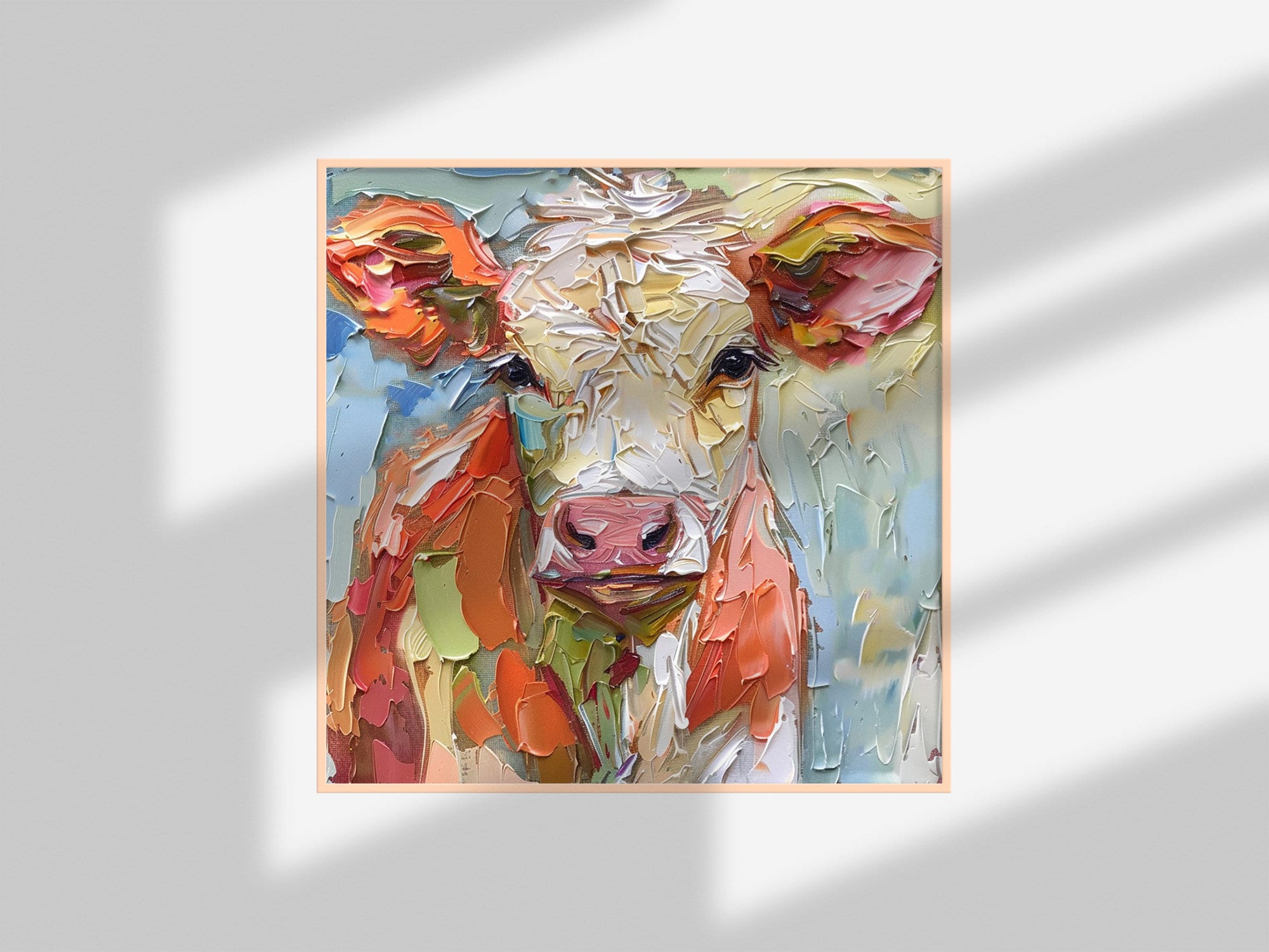 子牛の絵画 牛の子の肖像画 厚塗り オリジナルアート 農場の動物アート