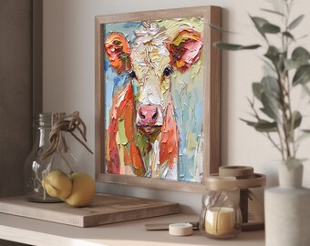 子牛の絵画 牛の子の肖像画 厚塗り オリジナルアート 農場の動物アート