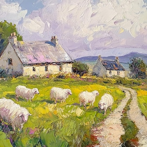 Puede incluir: Una pintura que representa una escena rural con dos casas blancas y un camino de tierra que conduce a ellas. Las casas están rodeadas de hierba verde y un campo de ovejas blancas. El cielo es azul claro con nubes blancas.