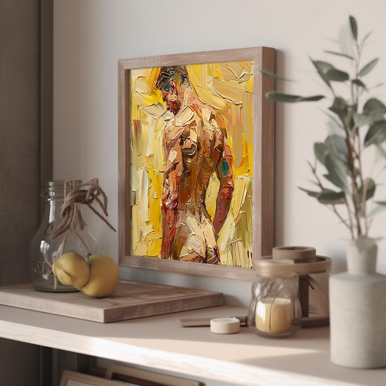 Puede incluir: Una pintura de una figura masculina desnuda de pie con la espalda al espectador. La figura est&aacute; pintada en un estilo realista con un enfoque en los m&uacute;sculos y los contornos del cuerpo. El fondo es de un color amarillo brillante, creando un contraste con el tono de piel de la figura.