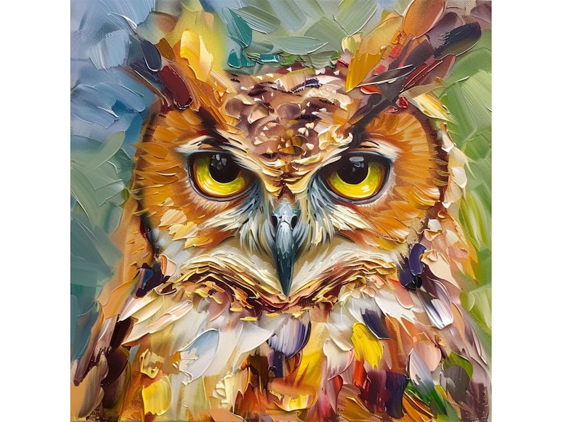 May include: A close-up painting of an owl's face with bright yellow eyes. The owl's feathers are painted in a variety of colors, including brown, orange, yellow, and green. The painting is done in a realistic style.