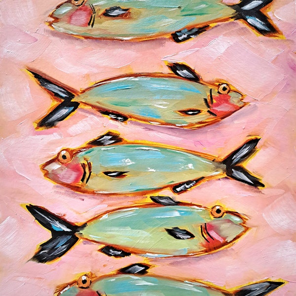 Sardine Fische Malerei Tiere Original Art Marine Kunstwerk Küche Wandkunst