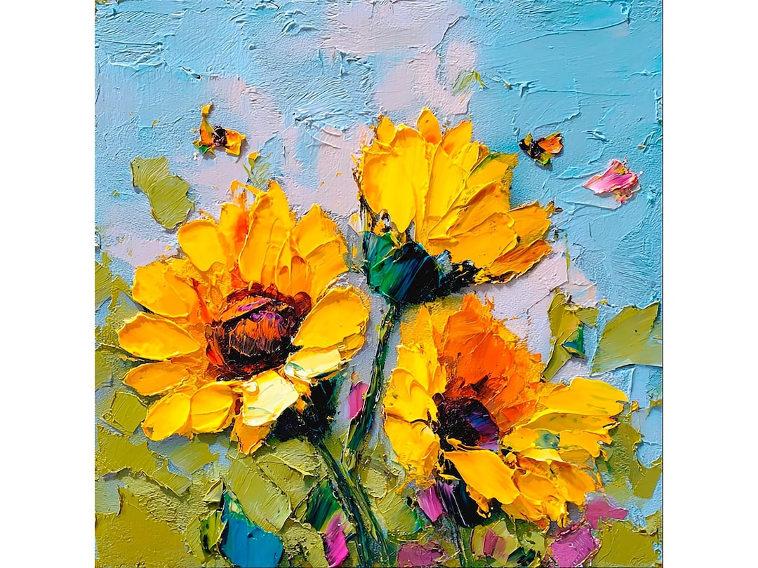 Sunflower Large Oil Painting Impasto Floral Wall Art Yellow Flowers ...