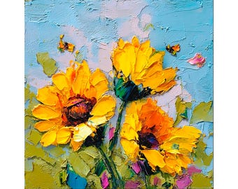 Sunflower Large Oil Painting Impasto Floral Wall Art Yellow Flowers Palette Knife Artwork Summer Textured Bloom Decor by ArtSenya